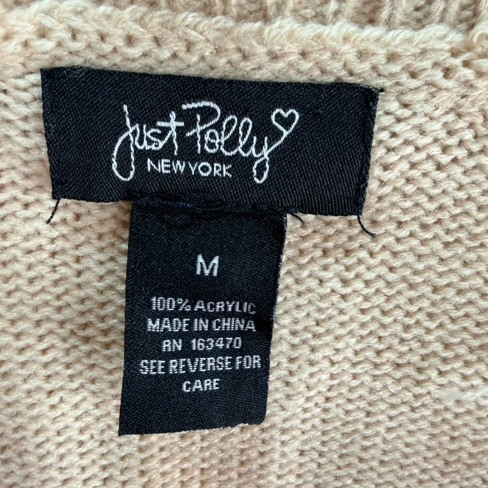 Just Polly V-Neck Sweater Women's Medium Beige Red Lips Print Fringed Grunge Top - Picture 2 of 7